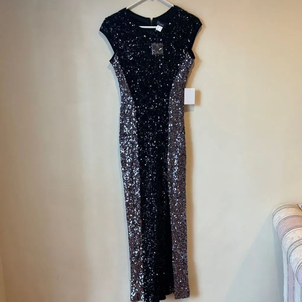Cache Black and Silver Sequin Cap-Sleeve Maxi